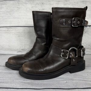 ZaraGirls Distressed Motto Biker Dark Brown Buckle Harness Zipered Boots Sz 33